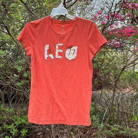 American Eagle Outfitters Orange Distressed SS Tee AEO Embossed Letters L - Picture 3 of 15